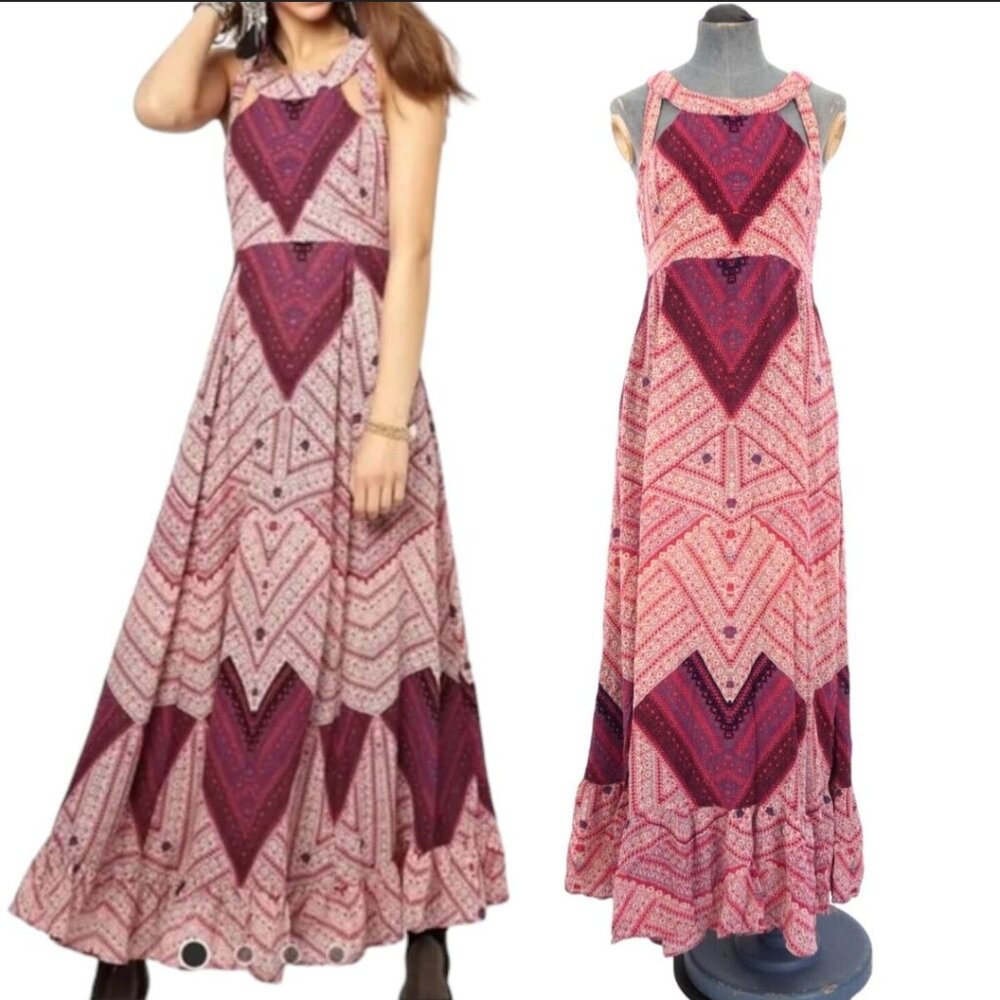 FREE PEOPLE Made My Day Purple Pink Cut Out Lace Up Back Maxi Dress size 6